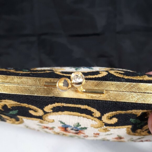 Vintage D-Val Hong Kong Designer Purse Black & Floral Tapestry Petit Point - Picture 7 of 7